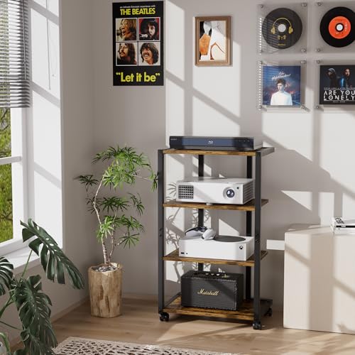 Aquzee AV Media Stand with Wheels, 4-Tier Game Console Shelf, Rolling Media Cart for Small Space, Stereo Racks and Stands, Ideal for Record Player, Game Console, DVD Player, and Projector, Wood - Image 6