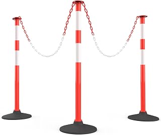 RoadHero 3-Pack Traffic Delineator Posts with Weighted Rubber Bases, 5FT Chains & Reflective Collars - Portable Orange Safety Barriers for Parking, Construction & Events
