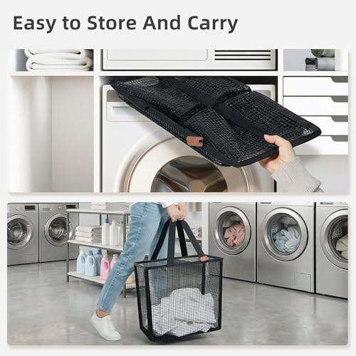 Image of STORAGE MANIAC Collapsible Laundry Basket, 16.9 Gal. Large Pop-up Laundry Hamper with Long Carry Handles, Space-Saving Foldable Clothes Hamper with Bottom Elastic Band, Travel Laundry Bags, Mesh Black