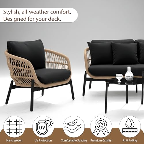 Image of Amazon Brand - Solimo Outdoor 4 Seater Sofa Set | Balcony Sofa | Patio Furniture Sets | Conversation Sets | Braid & Rope Garden 4 Seater Sofa Set with Center Table (Tan-Black)