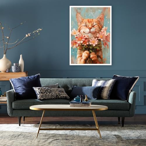 Image of DIY Cat and Flower Paint by Numbers Kits for Adults, Painting by Numbers for Adult & Beginner on Canvas, Animal Oil Painting Kits Perfect for Home Decoration 16x20 Inch