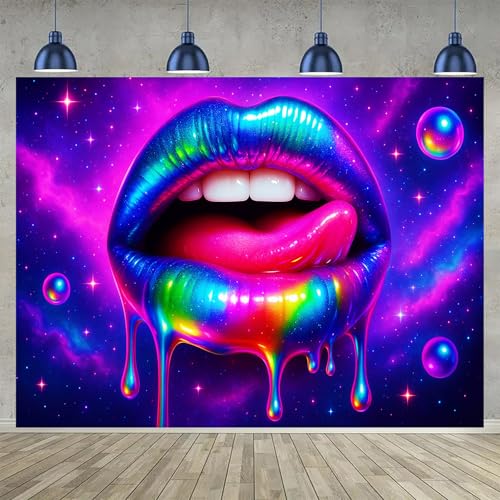 Image of BlissYard Neon Lips Galaxy Blacklight Tapestry Glow In The Dark UV Reactive Wall Hanging With Psychedelic Space Drip Poster Black Light Tapestries For Bedroom Party Decor 78x59 Inch