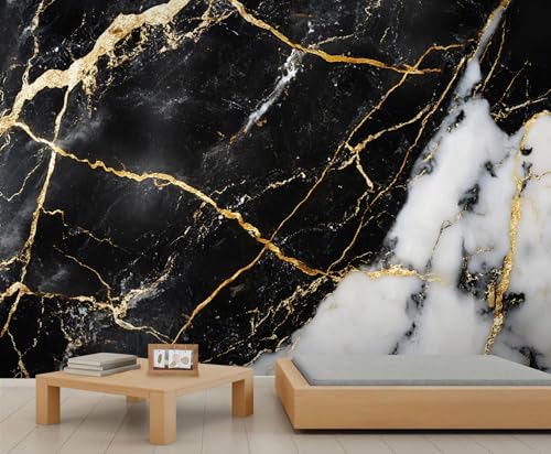 FBRUIEG Black Marble Wall Murals, Agate Marble Mural, Golden Cracks Wallpaper for Living Room Bedroom Office Hotel Bar Ceiling Decor - 169.3" W x 118.2" H
