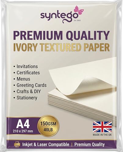 Syntego A4 Textured Paper 150gsm (40lb) – Premium Textured Printer Paper (8.27 x 11.7 in) – Inkjet & Laser Compatible – Ideal for Crafting, Scrapbooking, Menus & Certificates (100, Ivory)