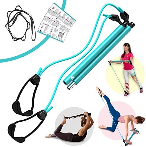FLEXIES Portable Pilates Bar kit with Free 8-Loop Stretch Band, Workout Videos & Exercise Manual + Posture Alignment Guide, Meal & Workout Planner (E-Book)|Adjustable Resistance & Length (Lake Blue)