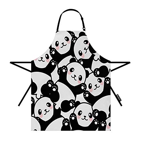 Moslion Funny Panda Apron 31x27 Inch Cute Animal Happy Panda with Pink Blush Polka Dot on Face Kitchen Chef Waitress Cook Aprons Bib with Adjustable Neck for Women Men Girls Black White