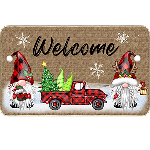 Image of TREWAVE Christmas Decorative Doormat Xmas Welcome Gnome Tomte Car Truck Mat Non Slip Door Mat Outdoor Indoor Entrance Floor Rug, 29 x 17 Inch