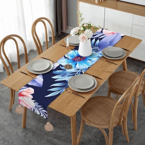 Chemin de table rustique bleu 35x152 cm avec pompons pour repas conviviaux - 2