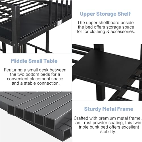 Mirightone Heavy-Duty Triple Bunk Beds for Kids, Metal Triple Twin Bunk Bed, 3 Bed Bunk Beds for Teens Girls Boys,Can be Separated into 3 Twin Beds, Black
