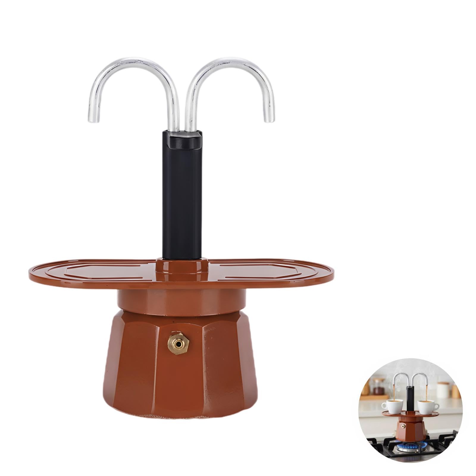 Mini-Express-Mokakanne, 2-Tassen-Doppelrohr-Espressokocher, Aluminium-Mokkakanne mit wärmeisolierendem Griff, 5-Minuten-Extraktion für kräftigen Kaffee, Warmhalteplatte für Zuhause/Camping, braun