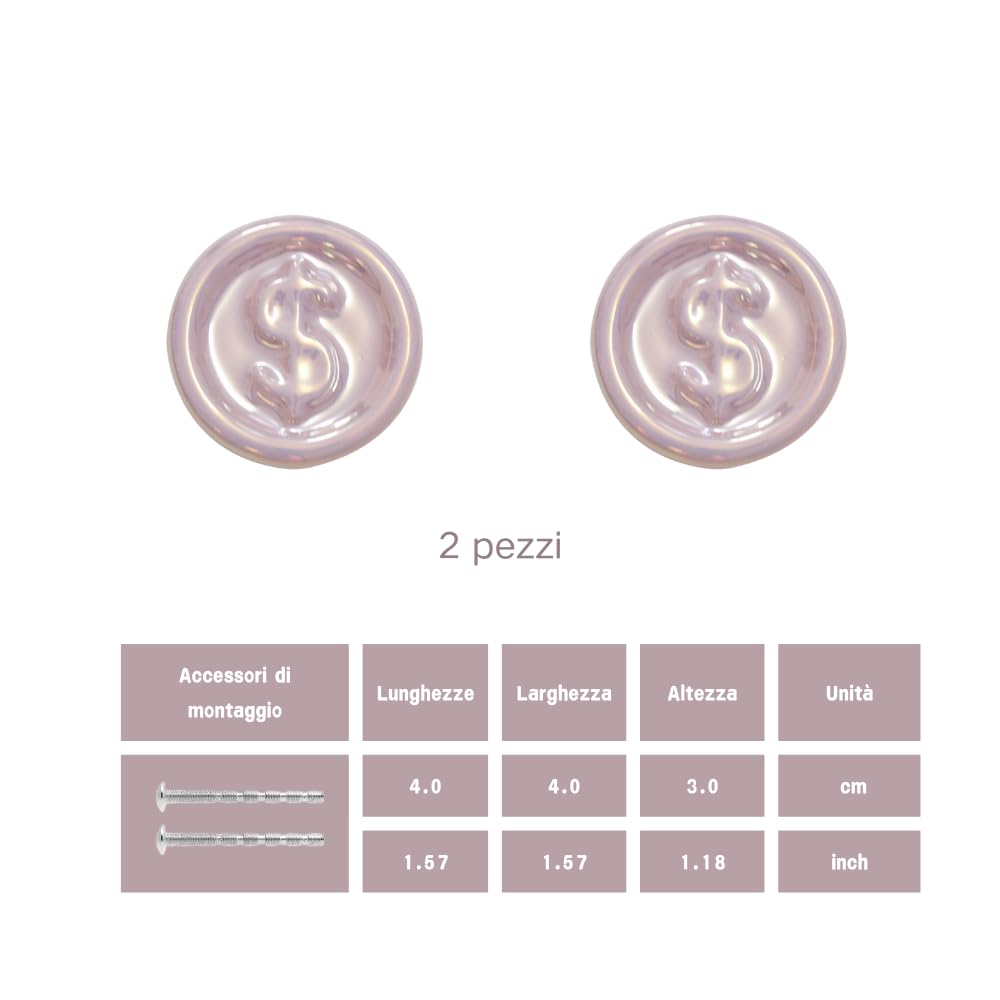 Generico Pomelli per Mobili Decorativi a Forma di Moneta, 4 cm, Set da 2 Pezzi, Design Elegante in Vetro con Simbolo $, Disponibile in Argento, Bianco, Rosa (rosa)