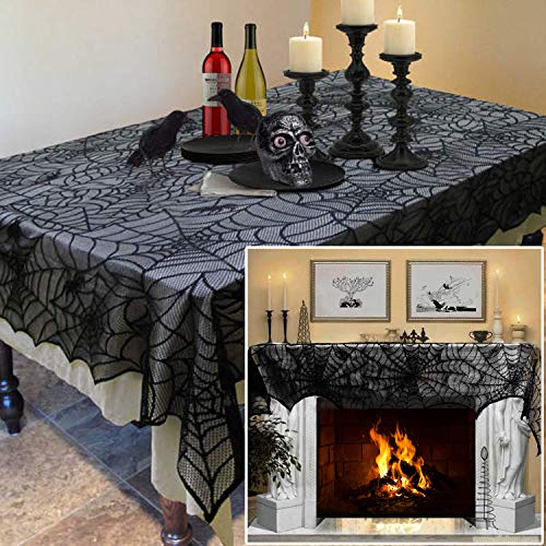 2 PCs Halloween Decorations Set, Black Lace Spiderweb Fireplace Mantle 18 x 96 Inches, Black Lace Spiderweb Tablecloth 60 x 84 Inches, Best Choice for Halloween Party Supplies