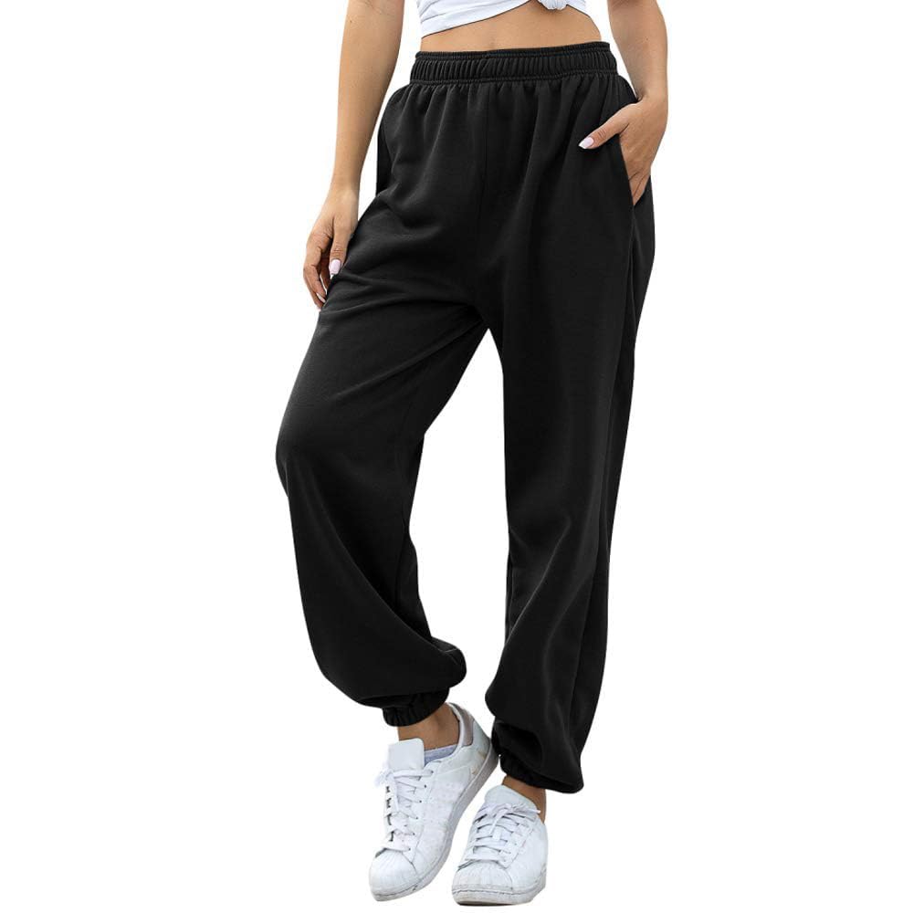 Femme Uni Sarouel Jogging Pantalon Ample avec Poches Elastique Taille Haute Baggy Fitness Tracksuit Bottoms Sport Harem Pants Casual