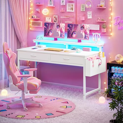 Image of DurayLoly 47.3 Inch Computer Desk with 2 Drawers & LED Lights, Home Office Desk with Side Pocket, Gaming Desk with Monitor Stand, Study Writing Table for Small Spaces, White