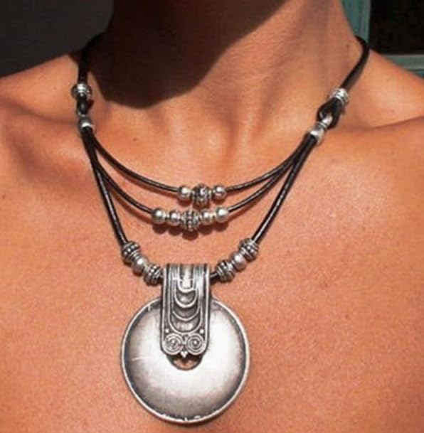 Boho Leather Cord Pendant Necklaces With Beads Bohemian Multilayer Adjustable Layered Choker Necklaces Vintage Disc Jewelry for Women - Image 3