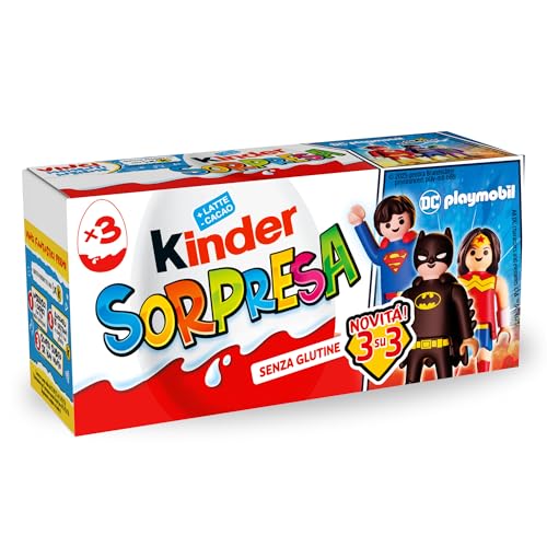 Kinder Sorpresa - Set di 3 Uova di Cioccolato al Latte con Sorpresa, Ogni Uovo Contiene un Gioco Unico, Senza Glutine, Snack Dolce Ottimo per Merenda, Confezione da 60 gr