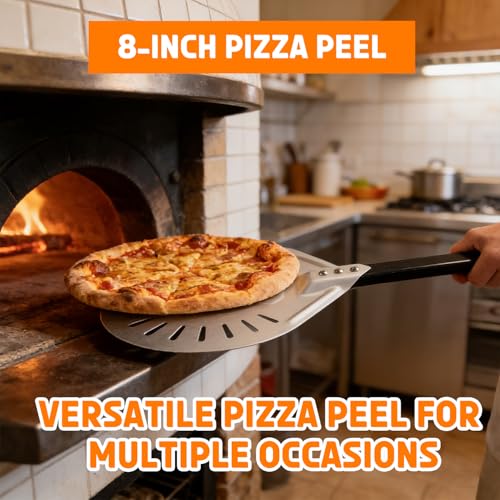 Pizza Peel and Pan Set, 6 Piece Pizza Oven Accessories, 12 Inch Metal Pizza Paddle with Foldable Wooden Handle, 8 Inch Metal Peel, Rocker Cutter, Server, Stainless Steel Plates and Tongs - Thumbnail 5