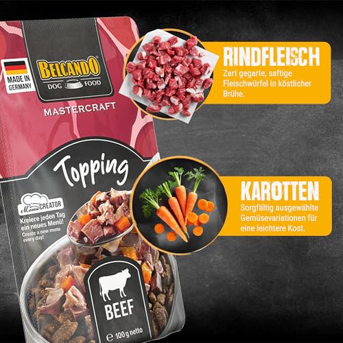 BELCANDO Mastercraft Topping Rind, 12x 100g Beutel, Nassfutter für Hunde, getreidefrei, sortenfrei, Ergänzungsfutter, Made in Germany