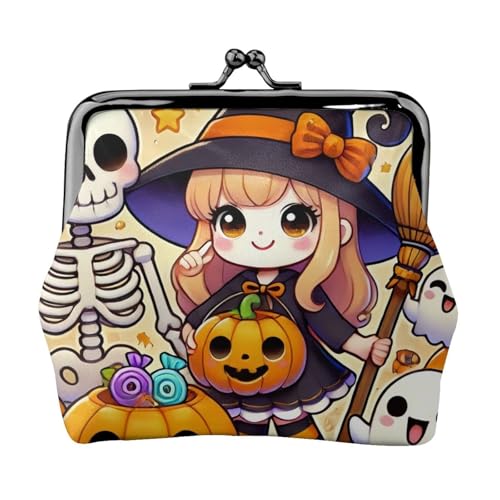 Pu Leather Buckle Coin Purse Kawaii-Halloween-Witches-Skeletons Girls Kiss-Lock Change Purse Wallets - Main Image