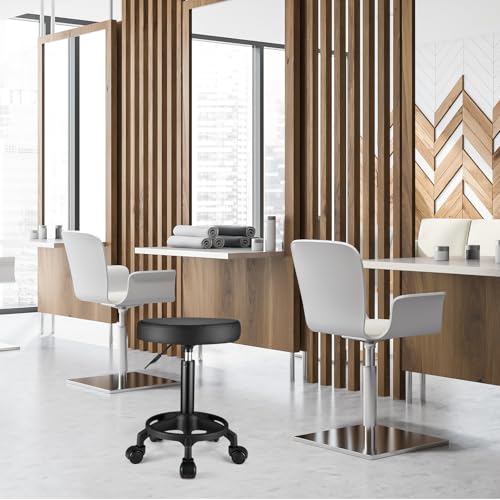 FNZIR Schwarzer runder Rollhocker mit Fußstütze Sitz aus PU-Leder Höhenverstellbarer Drehhocker mit Rädern für die Salonmassage