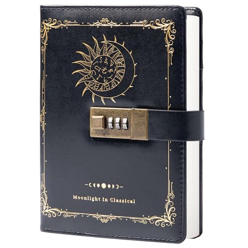TIEFOSSI Constellation Journal en cuir avec serrure, journal intime du zodiaque lune soleil pour l'écriture, carnet B6 avec papier ligné pour homme et femme...