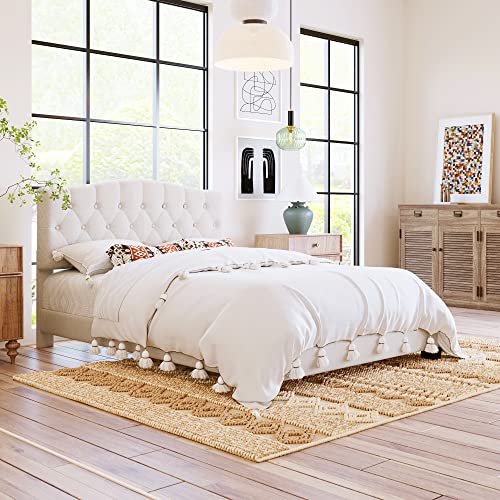 Queen Size Bed Frame, Modern Luxury Upholstered Platform Bed With Headboard, Heavy Duty Button Tufted Bed Frame, Wooden Slat Support, Easy To Assemble, No Need For Box Springs (Beige) #TOP2