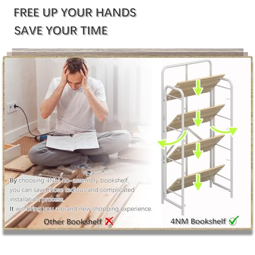 Image of 4NM No Assembly Folding Bookshelf, 4 Tiers Collapsible Book Shelves Open Industrial Foldable Storage Bookcase Shelf for Bedroom, Living Room, Home Office - Natural and White