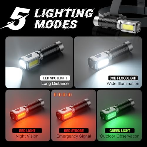 Linterna frontal LED con cinco modos de luz tricolor y reflector COB recargable 5