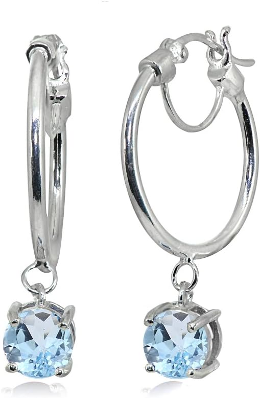 Sterling Silver Round Hoop Earrings with Dangling Genuine, Created or Simulated Gemstones