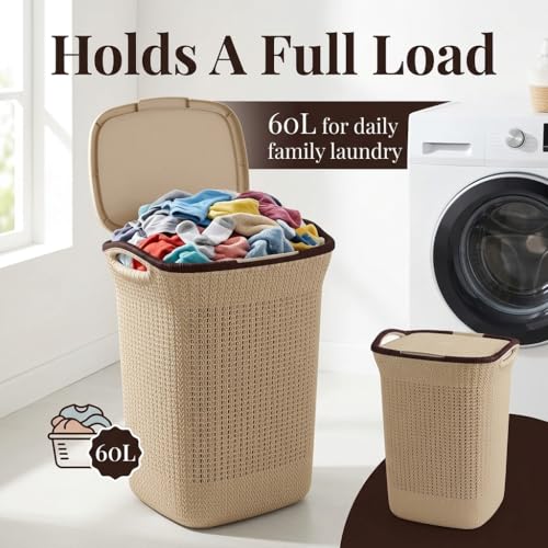 Image of PrettyKrafts 60L Plastic Laundry Basket with Lid | Large Clothes Laundry Basket & Storage Bin | Toy Storage Basket | Multipurpose Storage Organiser | 61x45x35cm | Beige