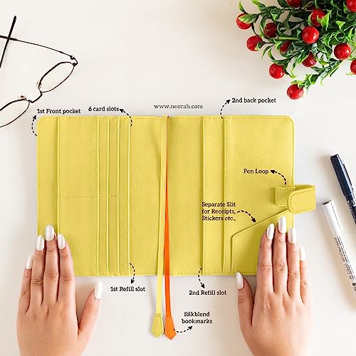 Image of NEORAH - B6 Notebook SLEEVE with SNAP Button - [ SLEEVE ONLY ]|Vegan Leather|Office Diary Holder with Penloop| 2 Front & 1 Back Pocket | 6 Card Slots |2 BookMarks - Fits any B6 Softcover - YELLOW