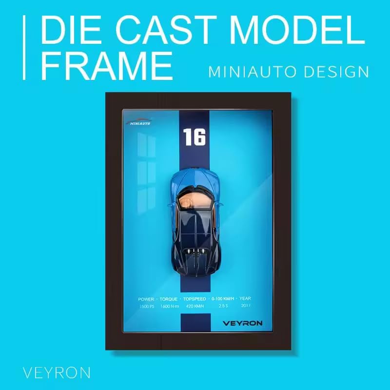 Image of Worshiper 3D Car Frame Wall Art Wooden Hanging Painting Frame with Removable Die-Cast Cars, Lights & Sounds Pull-Back Action & Opening Doors Collectible Display for Car Decoration (1:32 Bugatti Veyron)