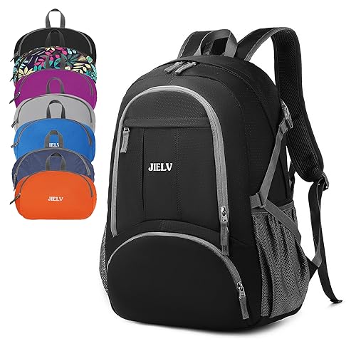 JIELV 30L Lightweight Packable Backpack Small Foldable Hiking Backpack Waterproof Daypack Travel Camping Outdoor for Women Men Valentines Day Gifts(Black)