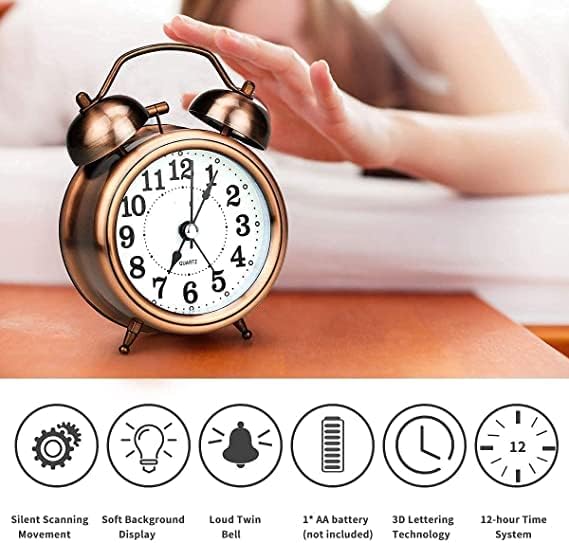Image of DRONTER Vintage Twin Bell Analog Display Table Alarm Clock With Night Led Light Heavy Slippers Extra Loud Alarm Clock Ideal For Student And Kids Bedroom (Copper, 3 Inch, 2 Inch)