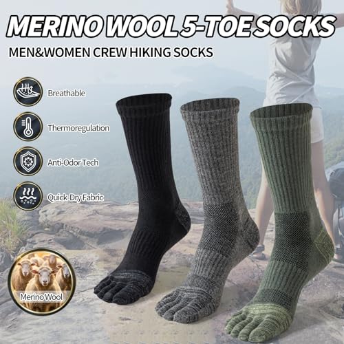 Merino Wool Toe Socks For Hiking Men&Women Thermal Winter Warm Boot Work Cushion Five Finger Socks 3 Pairs,Size10-132