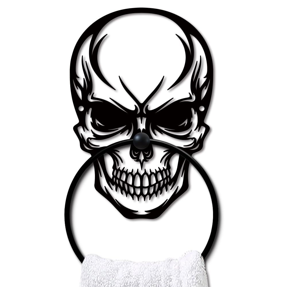 MAYJOYDIY Skull Head Metal Towel Ring Skeleton Head Halloween Style Towel Holder Bath Ring Black Art Rack for Bathroom Kitchen Hanger Home Decors Gift