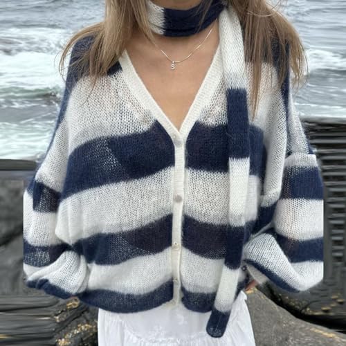 Women V Neck Striped Color Block Knit Cardigan Long Lantern Sleeve Oversized Button Down Sweater Top and Scarf2