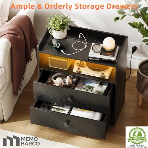 Memobarco Nightstand with Charging Station and LED Light,Modern Nightstand with USB Ports and Outlets,Wooden Bedside Tables with 2 Storage Drawers,Small Dresser for Bedroom Small Space,Black by Memobarco - Used condition - Image 6