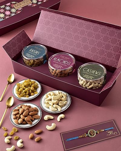 Image of Hyperfoods Rakhi For Brother Rakhi Gift Hamper Rakhi Gift Set For Brother Rakhi With Gift For Brother Small Pet Jars Pack Of 3 Dry Fruits Almond Raisins Cashew Rakhi With Dryfruits