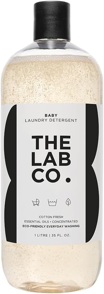The Lab Co. Baby Wash 1 Litre. For up to 64 washes. Non-Bio Liquid Laundry Detergent for washing machines and hand washing. Plant Based. With a delicate Fresh Cotton Fragrance.