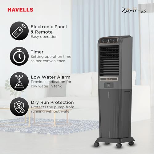 Image of Havells Zurii 60 L Tower Air Cooler for Room|With Remote & Electronic Panel|Fully Collapsible louvers|Low Water Alarm|Dust Filter Net|Timer Function|Bacteria Shield Honeycomb Pads|Dry Run Protection