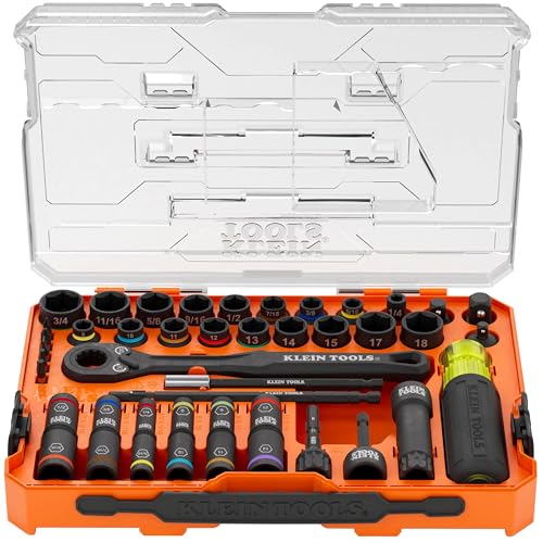 Klein Tools 65500KNECT KNECT Impact Socket Set SAE and Metric Pass Through Socket Set 90-Tooth Ratchet MODbox Case SAE Metric Screwdriver Handle Bits 39-Piece