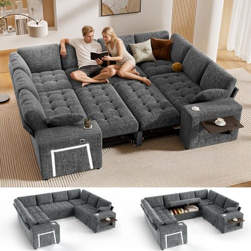 Vipbear 111" Modular Sectional Sleeper Sofa with Pull Out Bed, 8 Seat Chenille U Shaped Couch with 2 Pull-Out Beds|USB Ports|Cup Holders|Side Table|LED Light, Tool Free Assembly, Grey