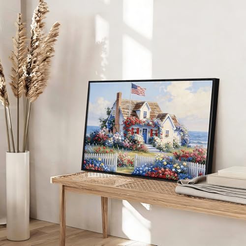 Image of American Flag Framed Canvas Wall Art, 4th of July Floral Canvas Prints, Summer Cottage Landscape Patriotic Decorations, Vintage Independence Day Wall Decor for Bedroom Living Room Office 20x24