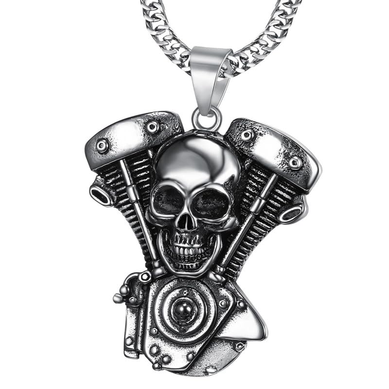 BOBIJOO JEWELRY - Duży łańcuszek na szyję z wisiorkiem - masywny motor, czaszka ze stali nierdzewnej 316L, srebrny łańcuszek