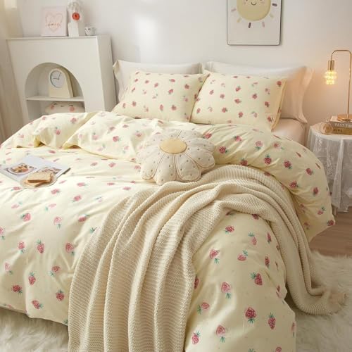 Image of Strawberry Duvet Cover Set Queen Size Kawaii Strawberry Printed on Cream White Bedding Set with 2 Pillowcases 3Pcs Kids Cute Fruit Reversible Microfiber Comforter Cover for Girls Women