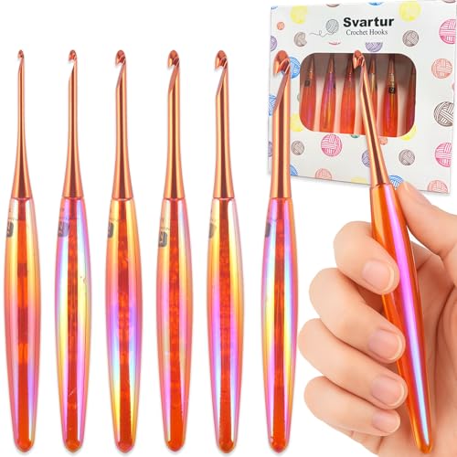 Svartur Ergonomic Crochet Hooks Set 6 Sizes (3mm8mm) Resin Comfort Grip Handles with Aluminum Hook Tips Smooth Lightweight Crochet Needles for Beginners & Advanced Crafters