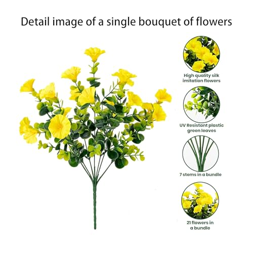 Artificial Flowers for Outdoors16 Bundles of UV-Resistant Silk Morning Glory with Eucalyptus-Realistic Faux Plants as Perfect Filler for Home Planter Porch & Garden Decor (Yellow) image 8