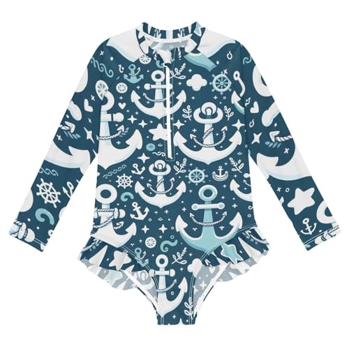 Girls One Piece Swimsuits Long Sleeve Swimsuit Zipper Bathing Suits Anchor Blue Ocean