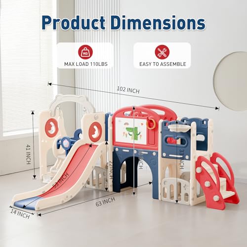 12 in 1 Outdoor Toddler Playsets with Slide Toddlers Playground and Swing Set Indoor Climber Tunnel Playset Play Equipment with Basketball Hoop for Backyard